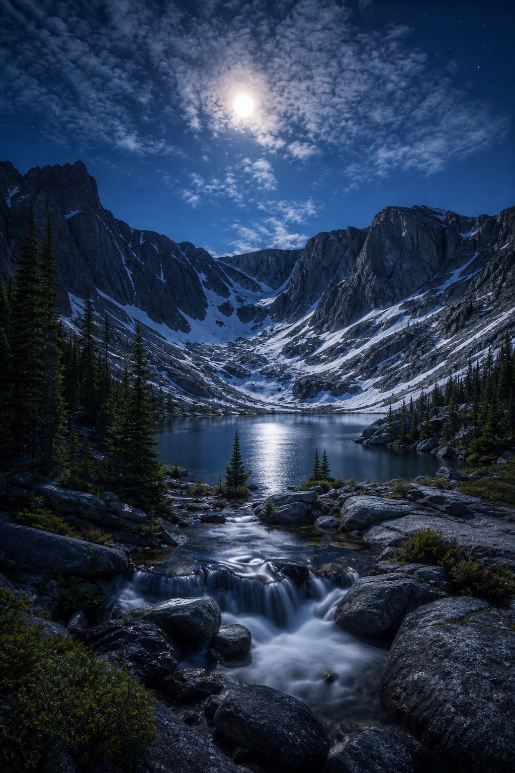 Moonlit alpine mountains surrounding a calm lake and small waterfall at night.
