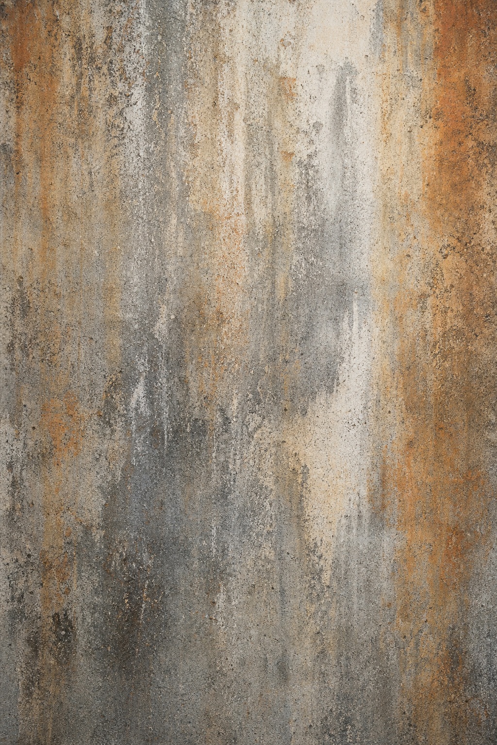 Vertical gray weathered concrete surface with rough texture and faded rust-toned streaks