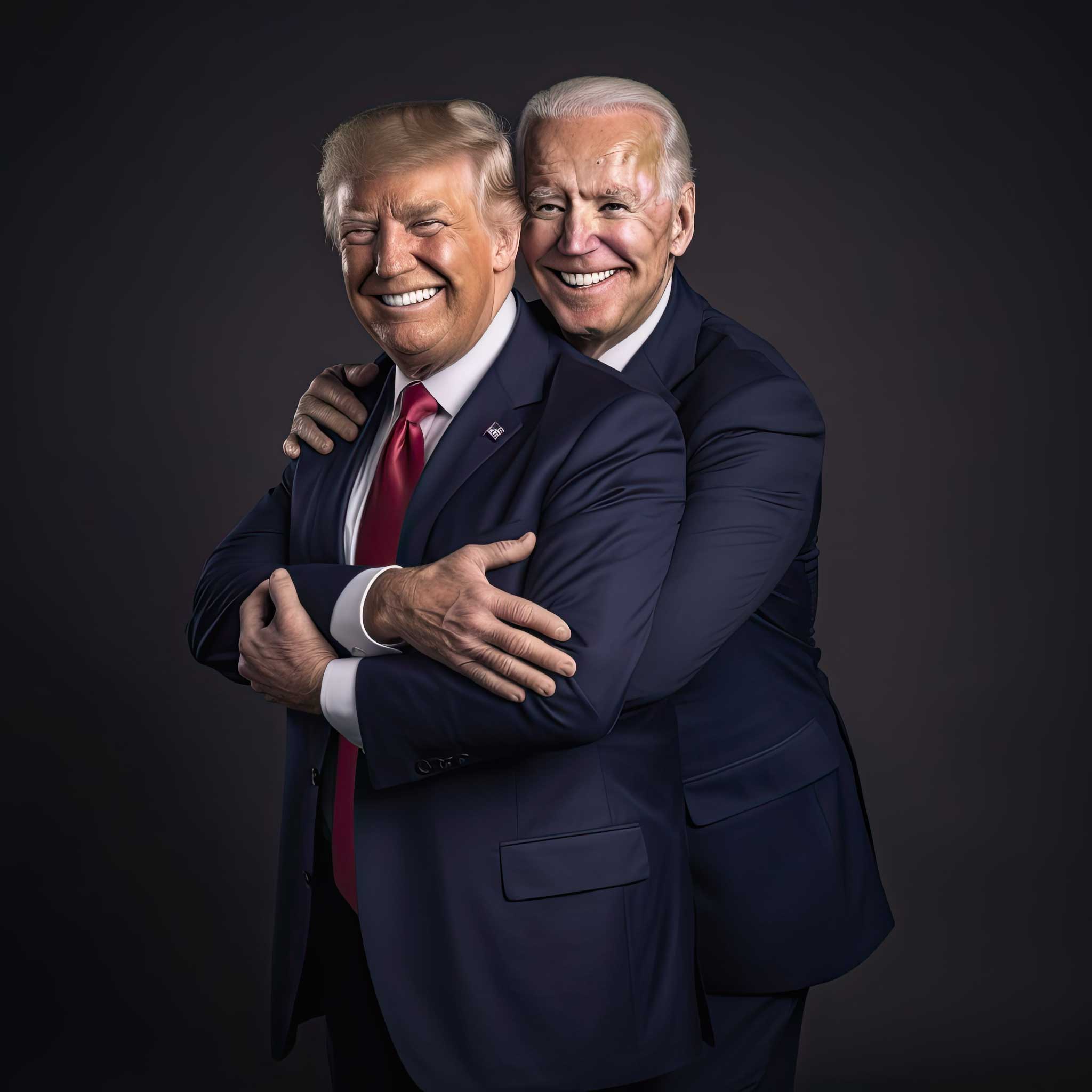 Two smiling political figures in dark suits, one standing behind the other in a friendly embrace.