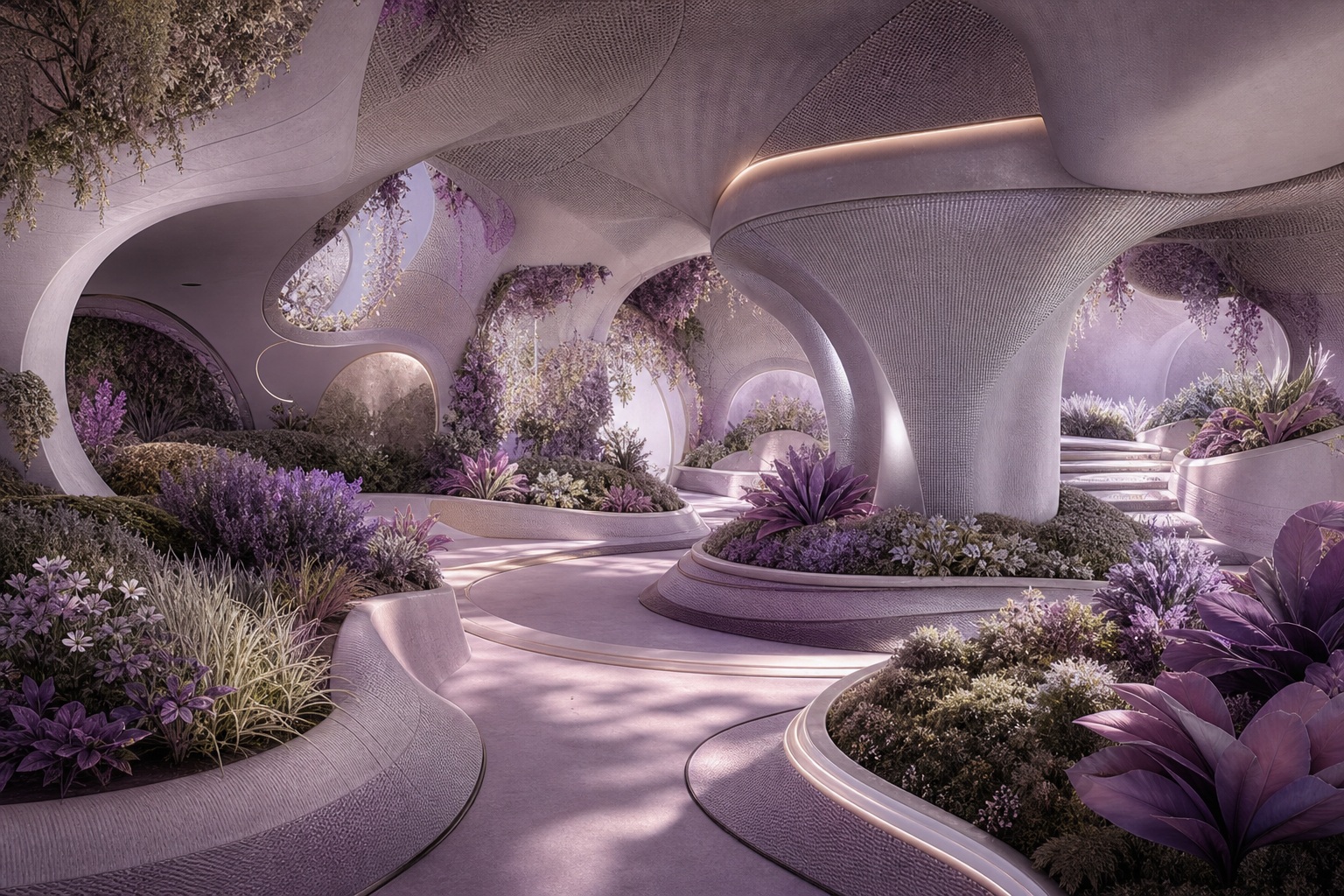 Curved futuristic indoor garden with lavender plants and soft arched windows