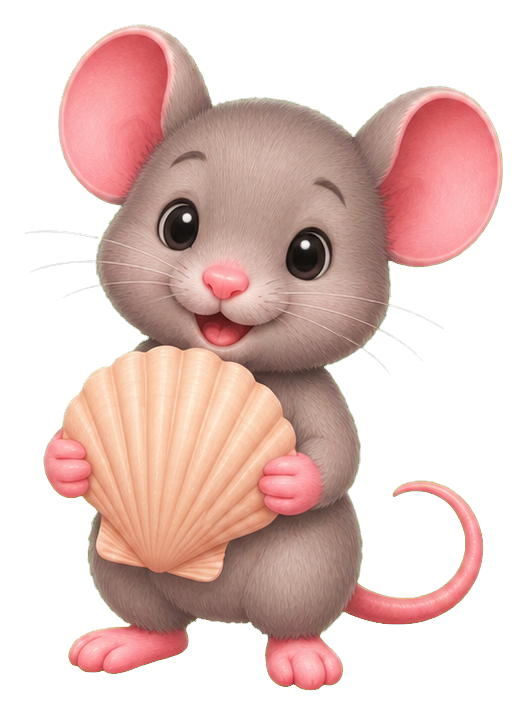 Cute cartoon mouse holding a seashell with pink ears, tail, and paws.