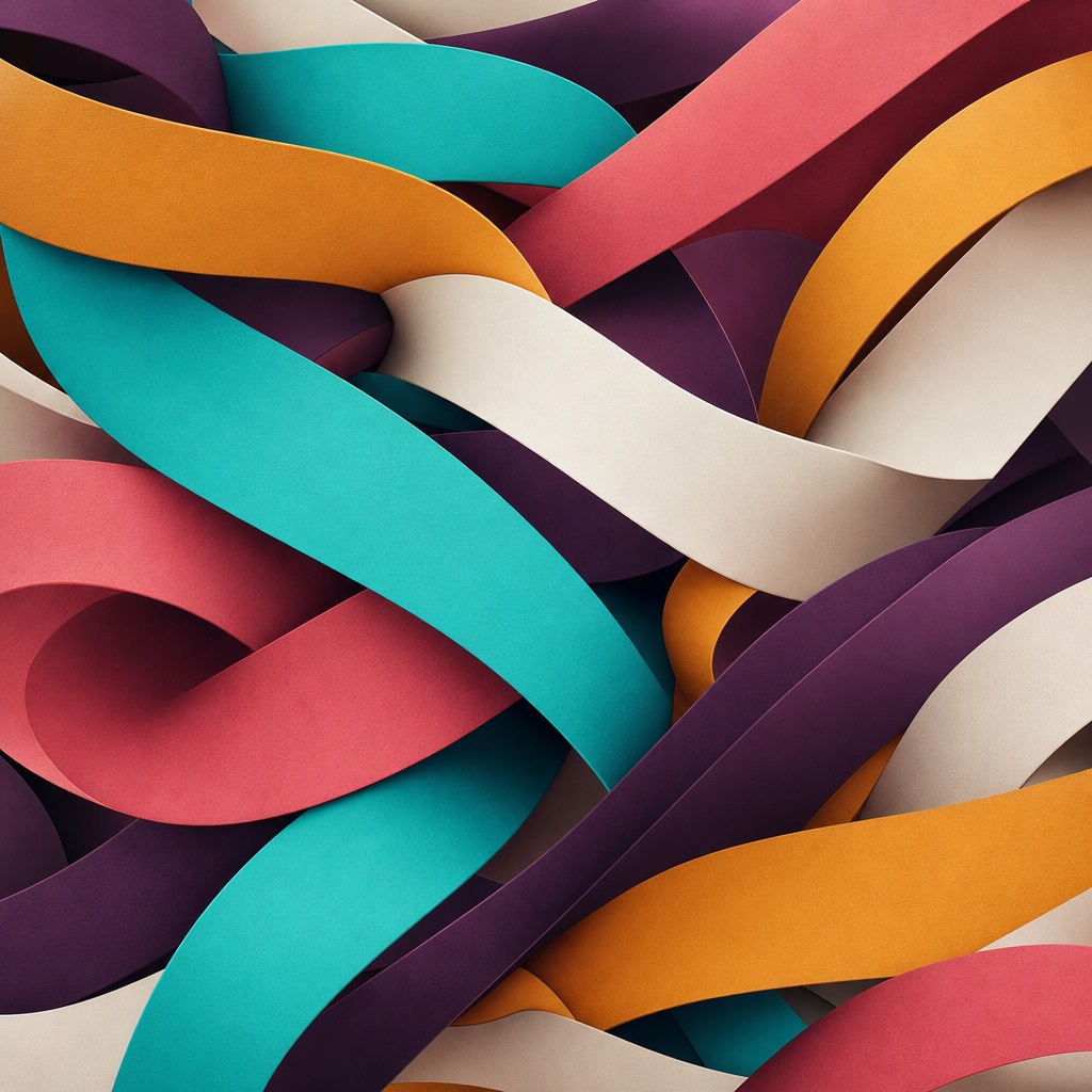 Interwoven turquoise, marigold, rose, cream, and purple curved geometric bands with layered depth
