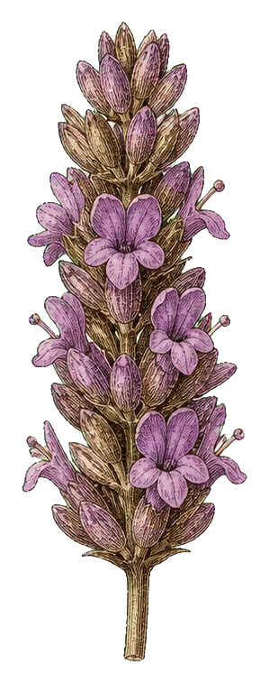 Vintage illustration of a lavender spike with purple blossoms and green stems