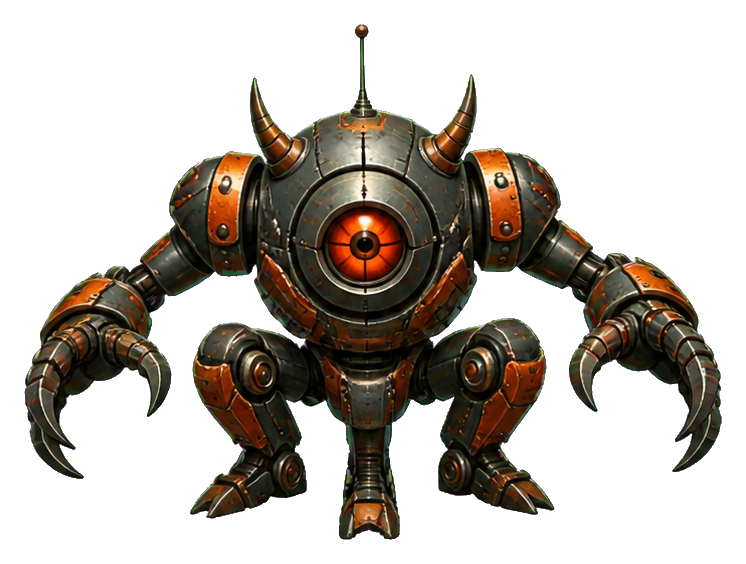 Orange and black cyclops robot crouching in a pounce pose with clawed arms.