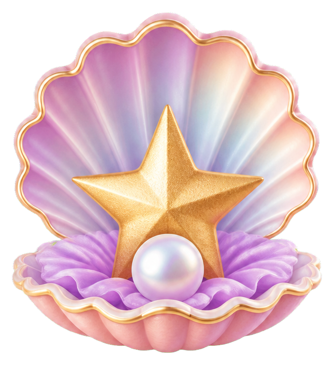 Pastel seashell sticker with a gold star and pearl on a lavender cushion