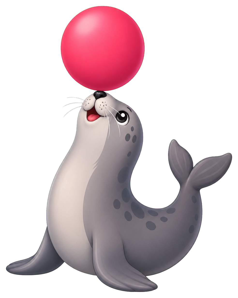 Cute seal balancing a pink ball on its nose and head.