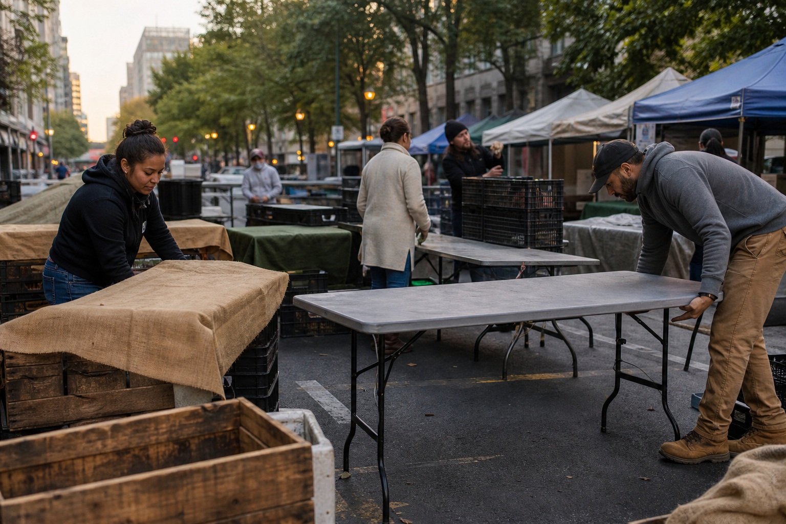 People setting up tables at a street market with produce stalls and canopies in the morning.