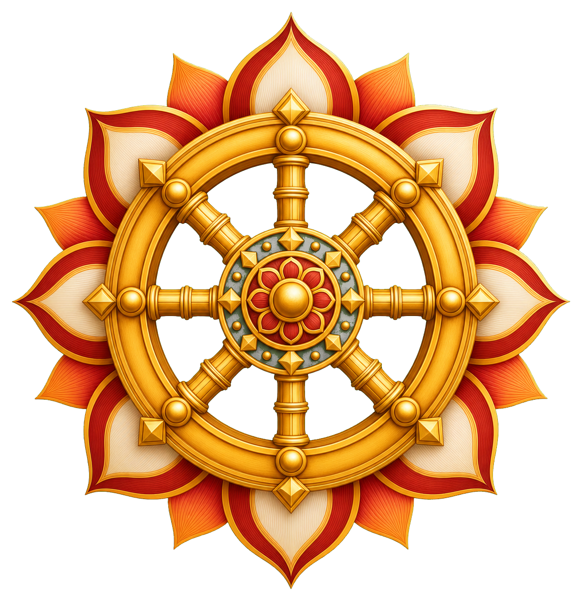 Golden dharmachakra wheel centered inside a red and gold lotus flower design