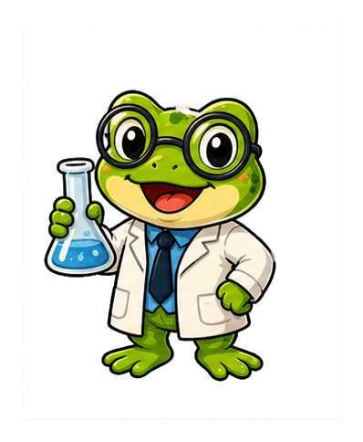 Cartoon frog scientist wearing glasses and a lab coat, holding a blue flask.