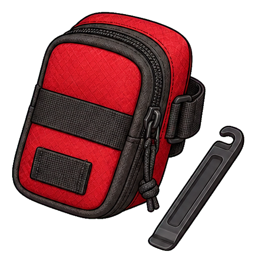 Red bike repair pouch with black trim and a small tool beside it
