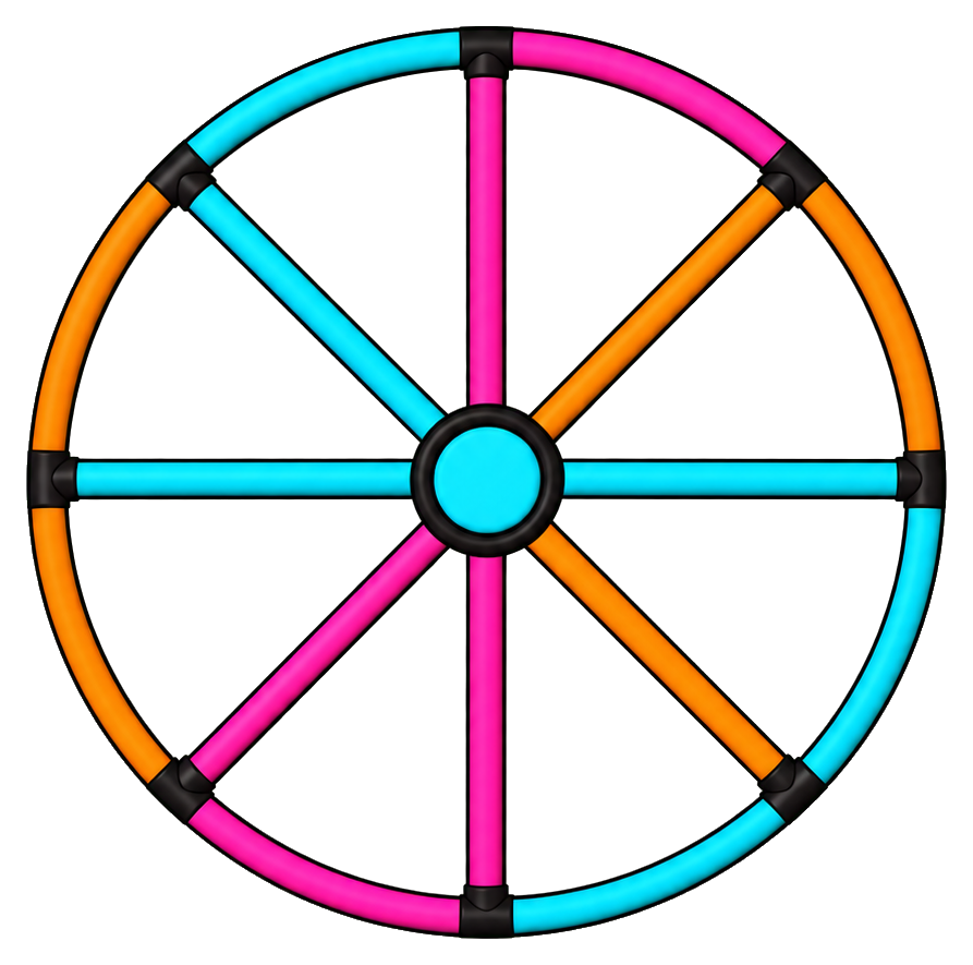 Opaque neon dharma wheel with black ring and colorful spokes on transparent background