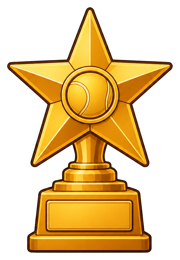 Gold star trophy-style tennis award sticker with a centered tennis ball emblem