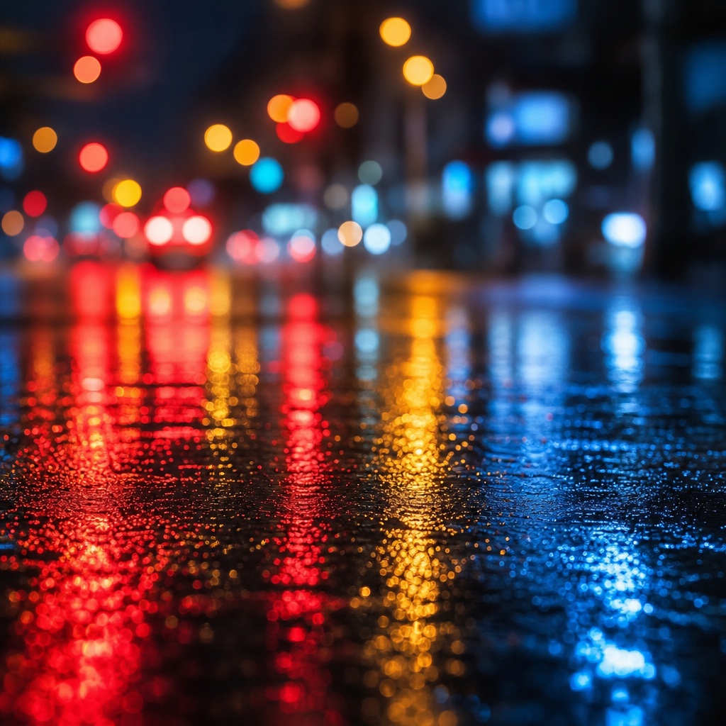 Colorful blurred city lights reflecting on wet pavement at night