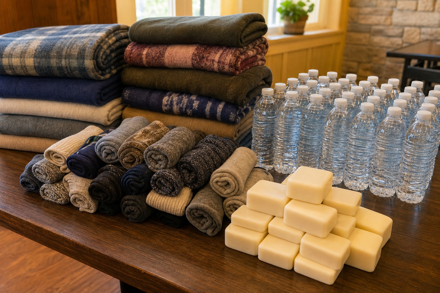 Folded blankets, water bottles, and soap bars arranged on a donation table.