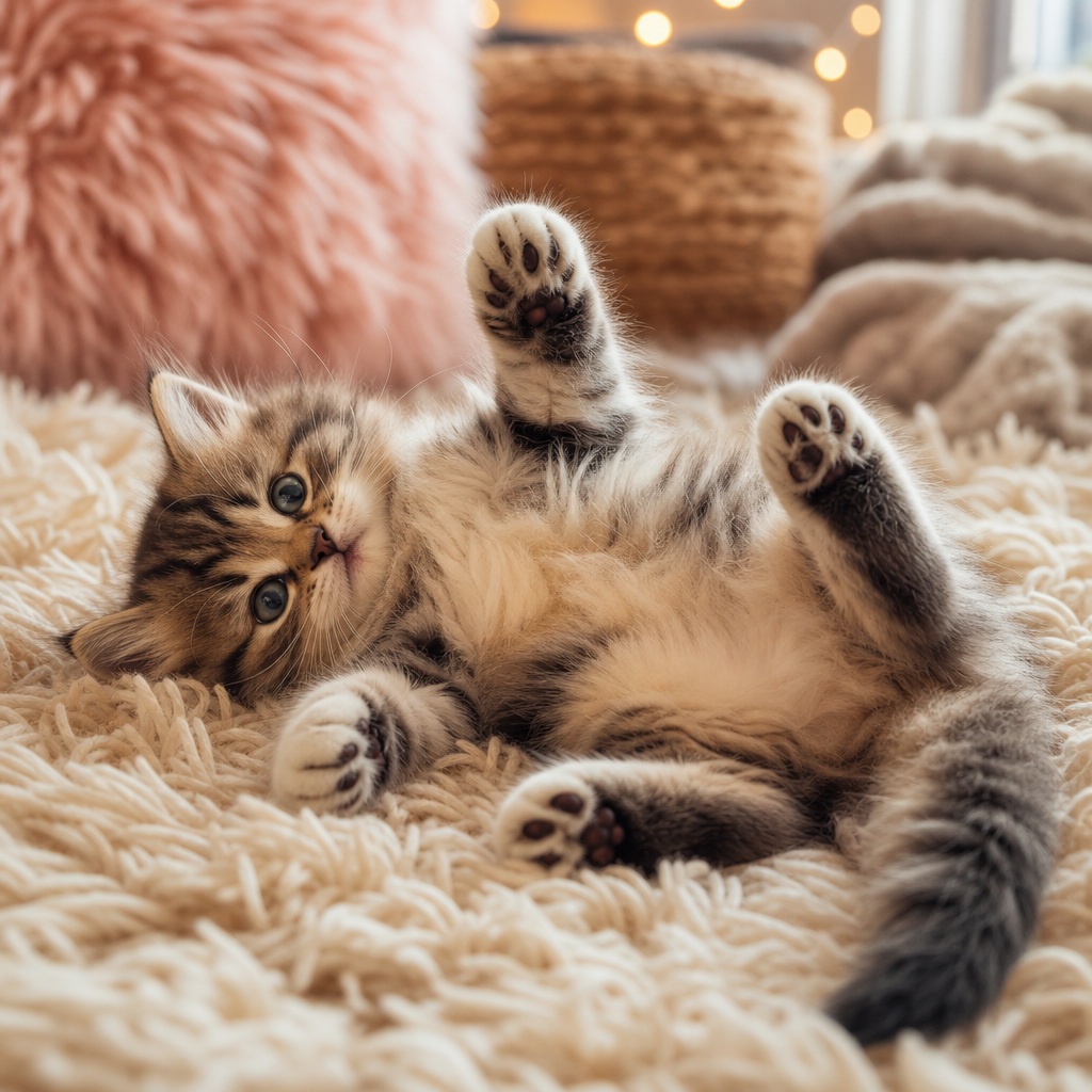 Fluffy kitten lying on a cozy blanket with paws raised.