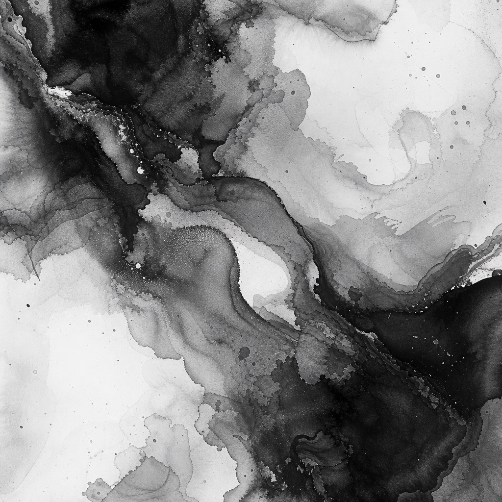 Black and white abstract ink wash with fluid marbled texture and soft smoky edges.