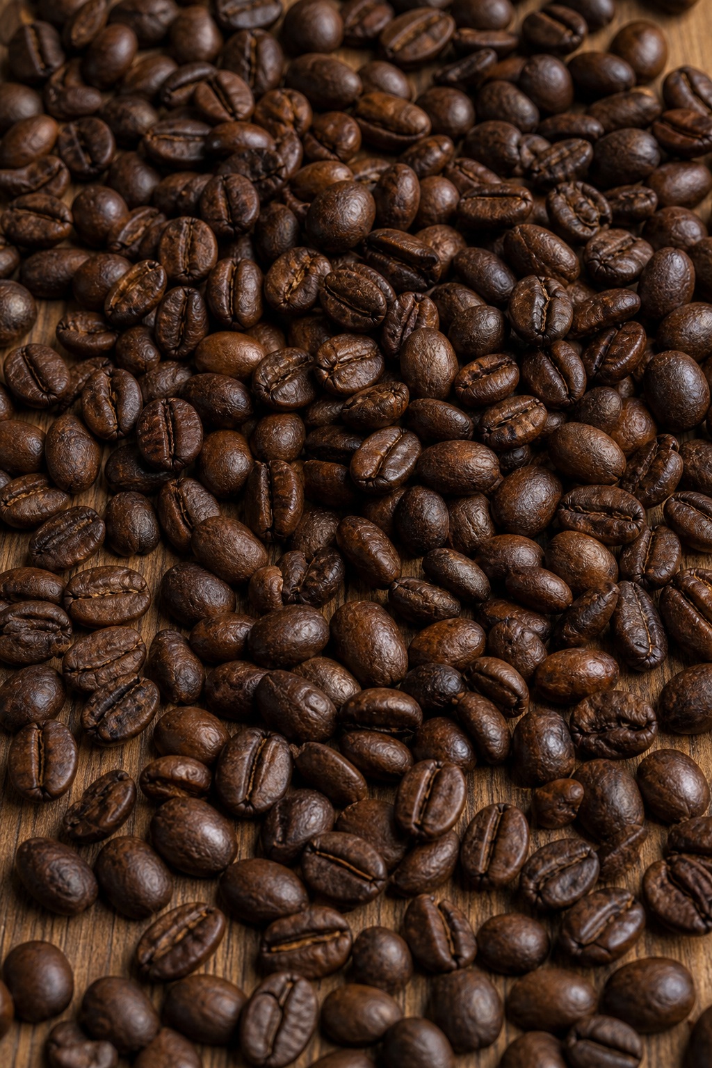 Roasted coffee beans scattered across a plain wooden surface