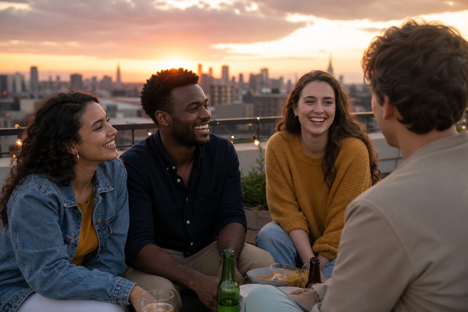 Four friends sitting on a rooftop at sunset with a city skyline behind them.