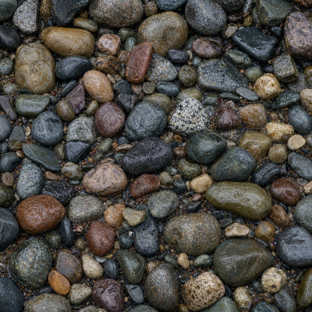 Rain-darkened multicolor river cobbles forming a smooth natural stone surface