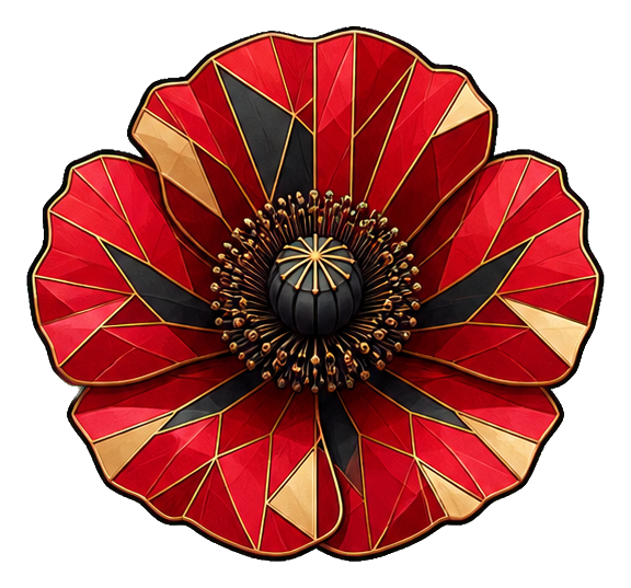 Red geometric poppy bloom with gold accents and layered petal shapes