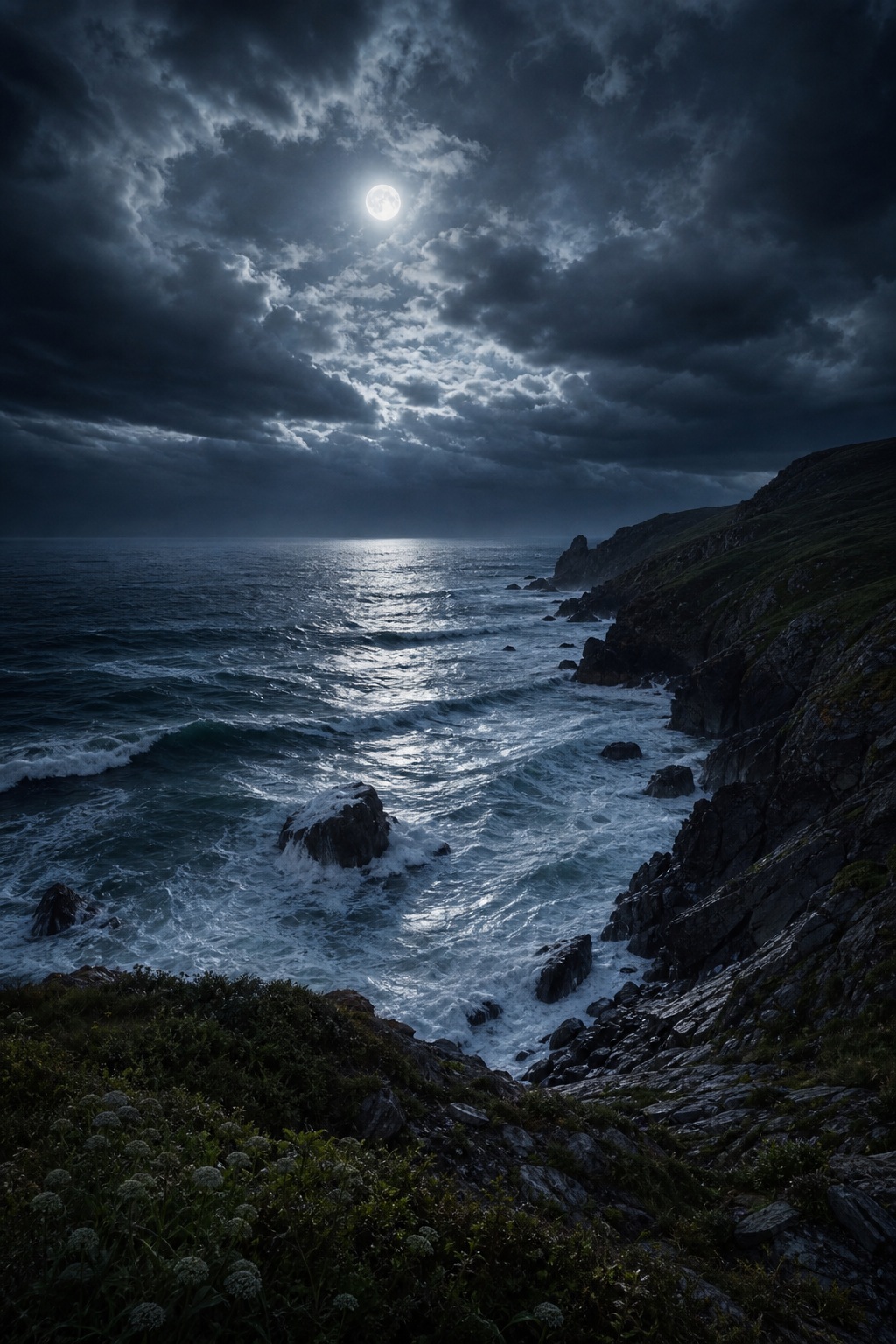 Moonlight reflecting on dark ocean waves beside a rocky coastline under heavy clouds.