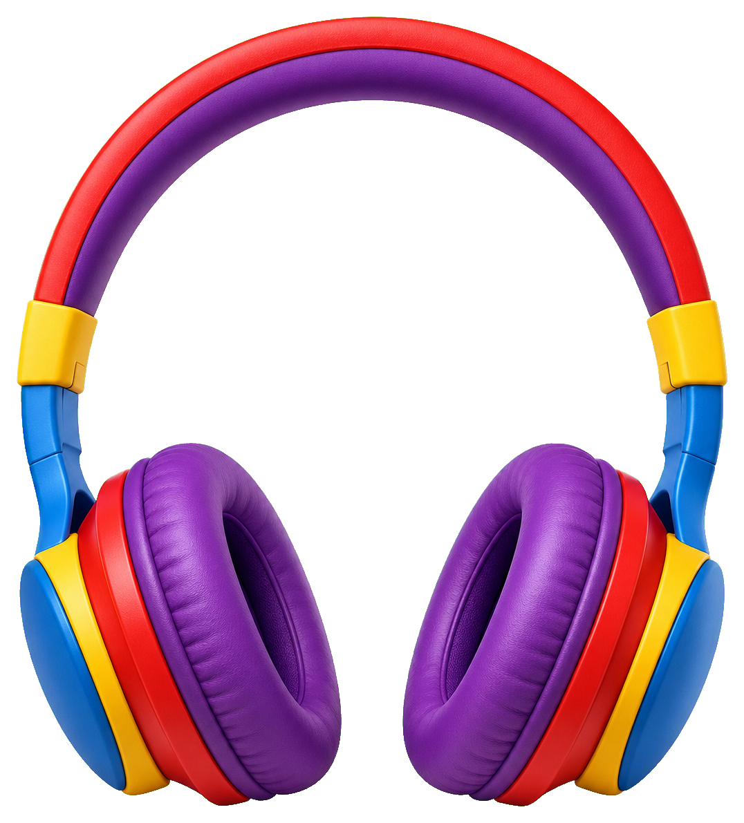 Colorful over-ear headphones with a rainbow headband and purple ear pads