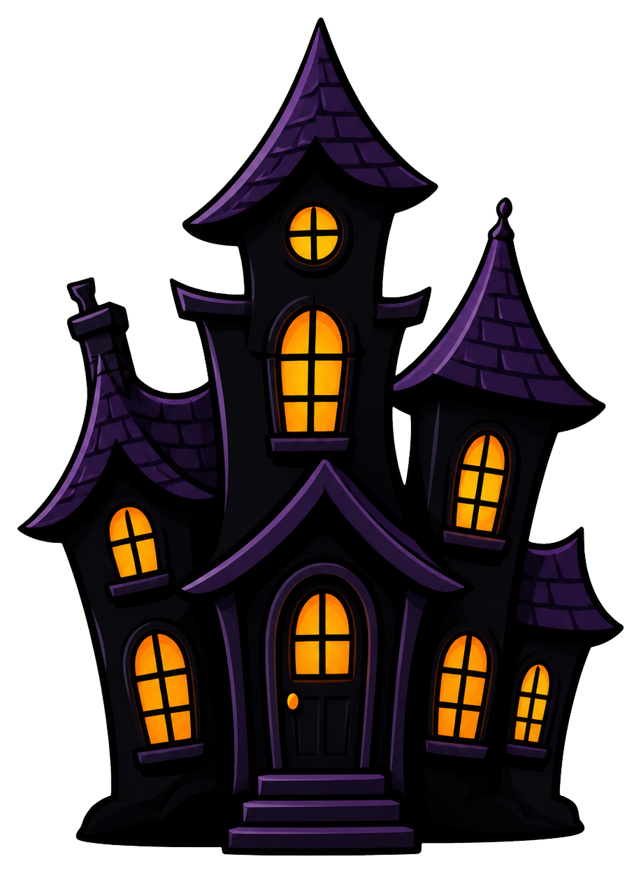 Dark haunted house with glowing windows and a purple roof