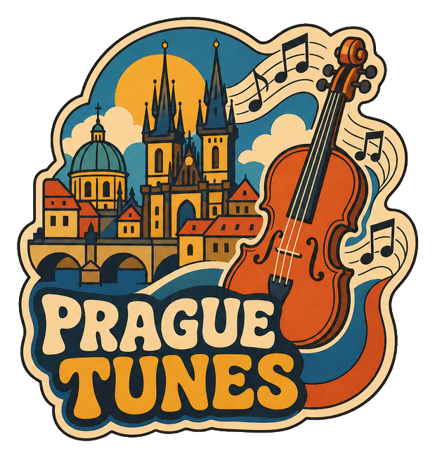 Retro illustrated Prague Tunes sticker with guitar, skyline, and music notes