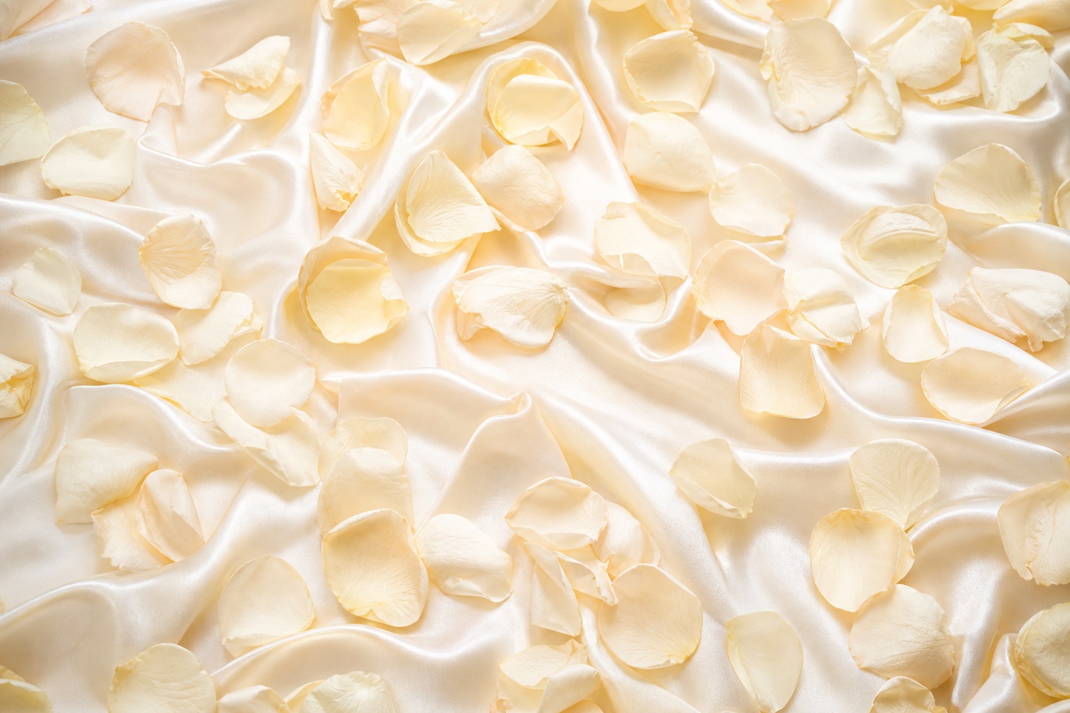 Cream rose petals scattered over a soft satin-like wedding background