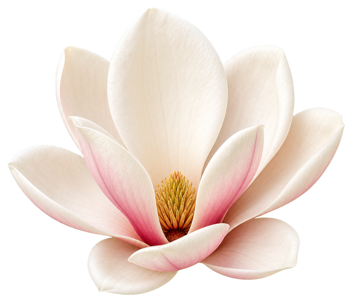 Cream-colored magnolia flower with pink-tinted petals and a yellow center
