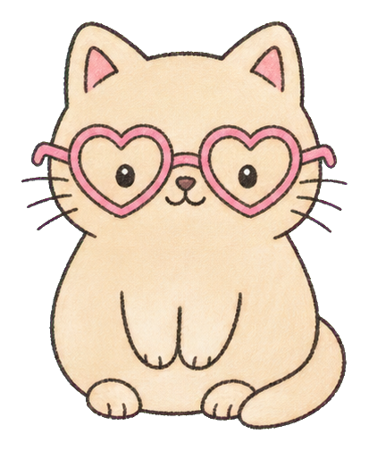 Cute cat wearing heart-shaped glasses sitting upright.