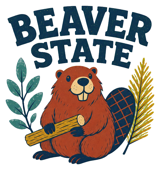 Retro Beaver State text with a beaver holding a log and decorative leaves