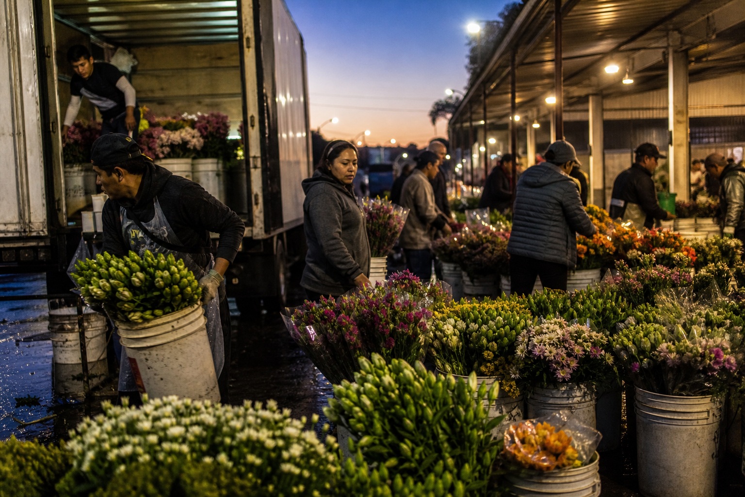 Candid workers arranging flowers in a busy market at dawn.