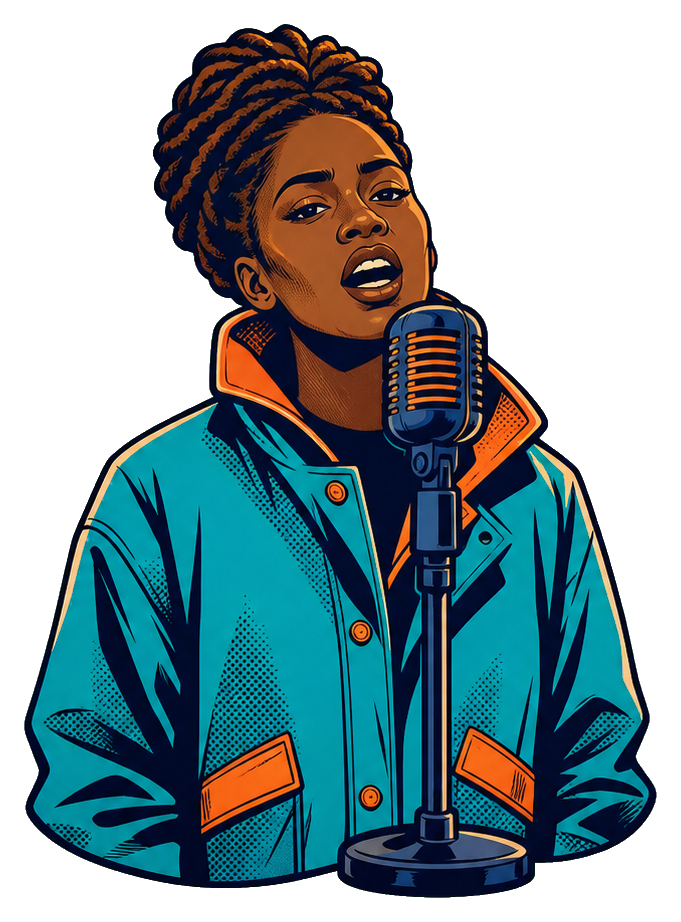 Cyan dreadlocked singer standing at a vintage microphone with a crown.