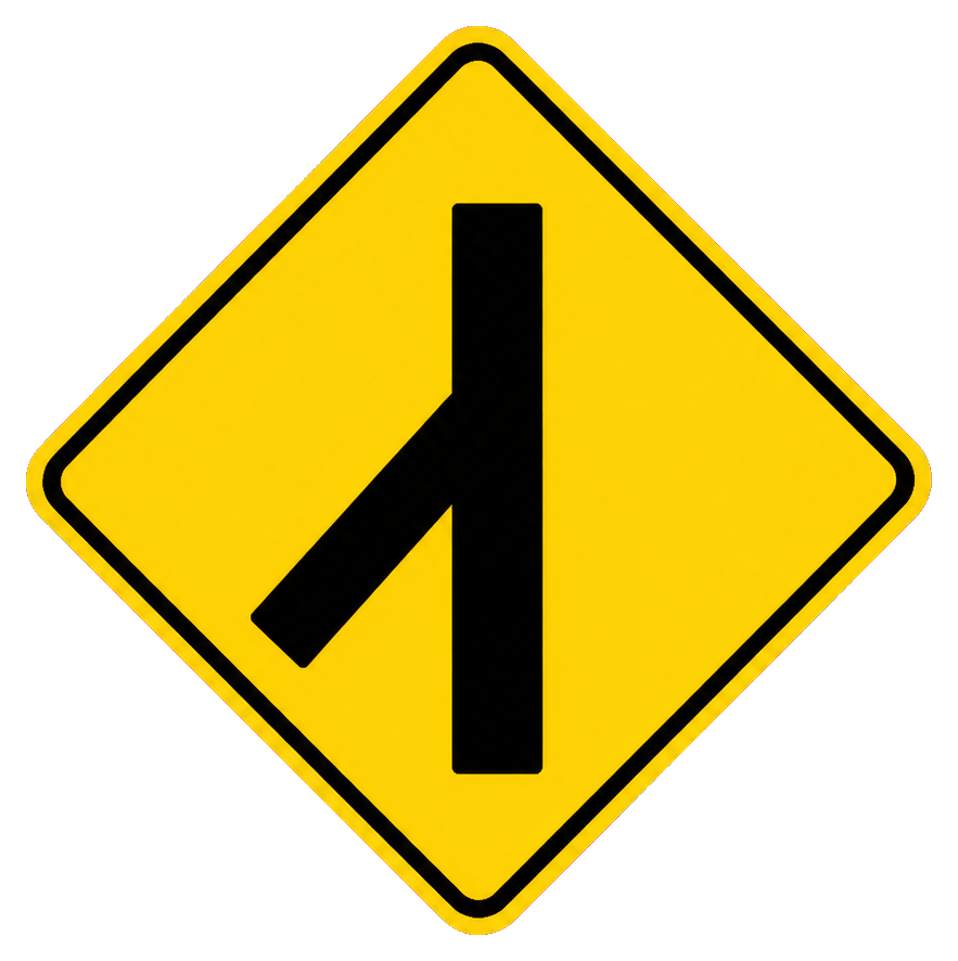 Yellow diamond road sign with a black lane merging left symbol