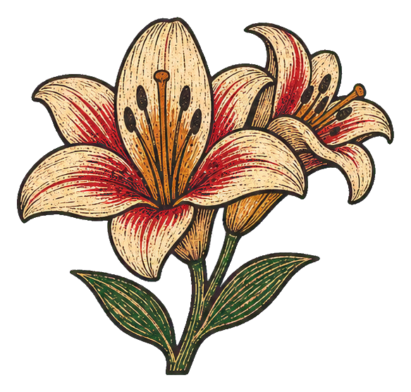 Two carved woodblock-style lilies with green leaves on a botanical sprig