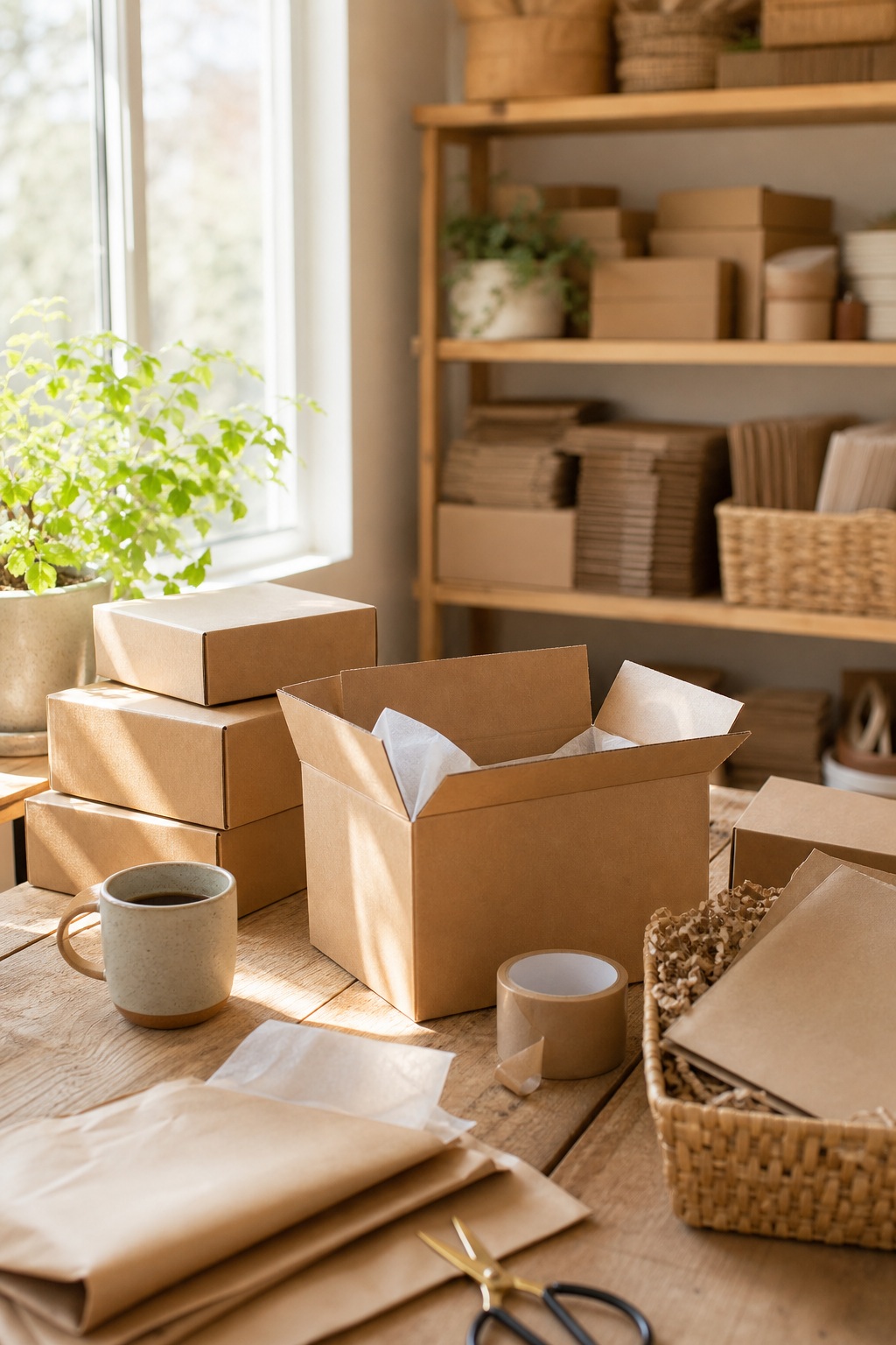 Cardboard boxes and packing supplies on a wooden desk beside a sunlit window and shelves