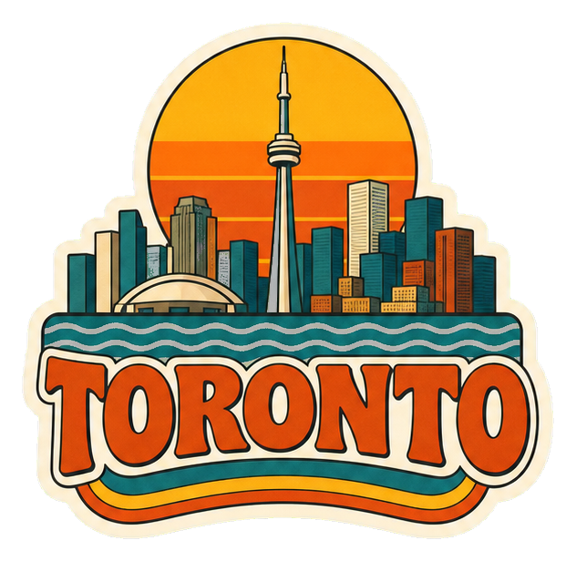 Retro Toronto badge with a sun, tower, and city skyline above the word Toronto.