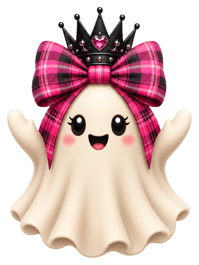 Cute ghost with a black crown and large pink plaid bow.