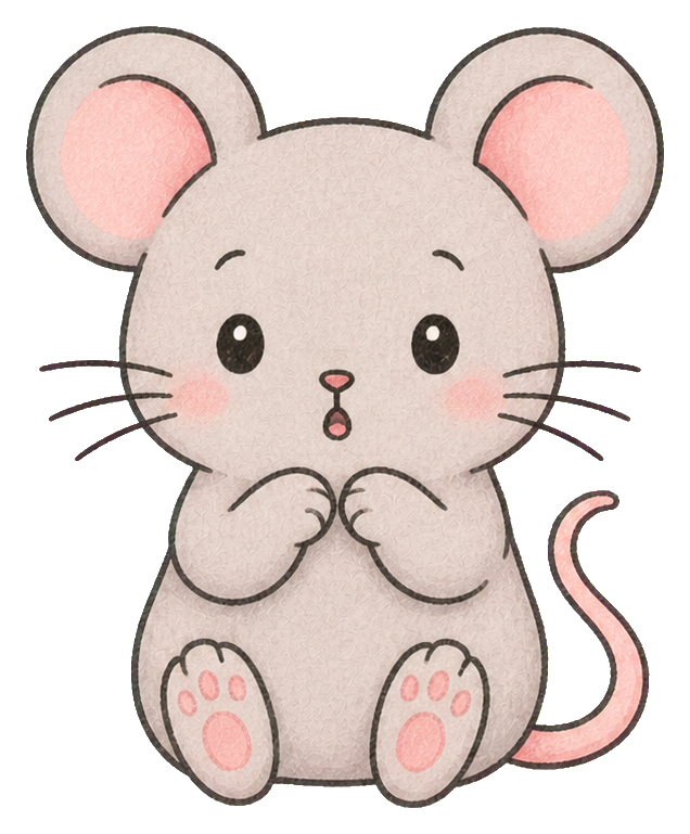 Cute gray mouse with pink ears and paws looking surprised