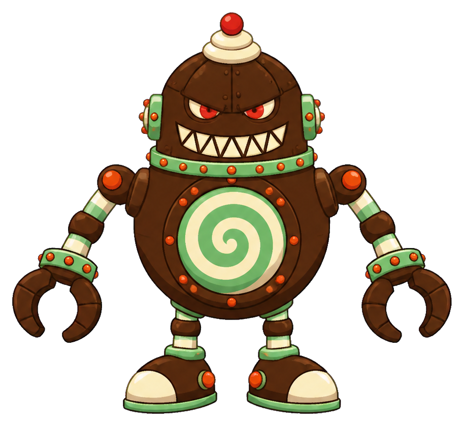 Cartoon villain robot with a candy swirl chest, claw hands, and angry red eyes