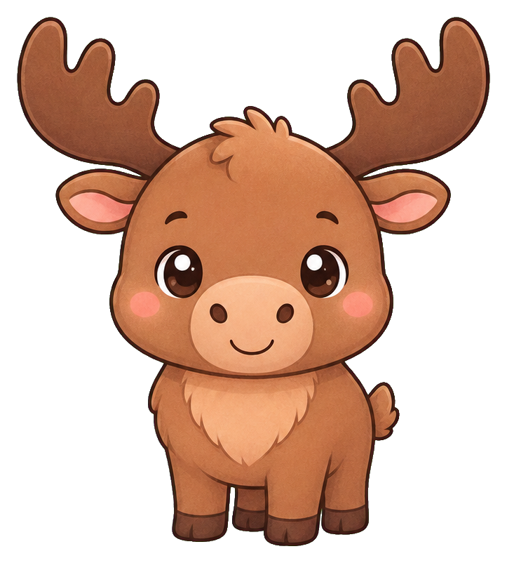 Cute pastel cartoon moose with large antlers and rosy cheeks