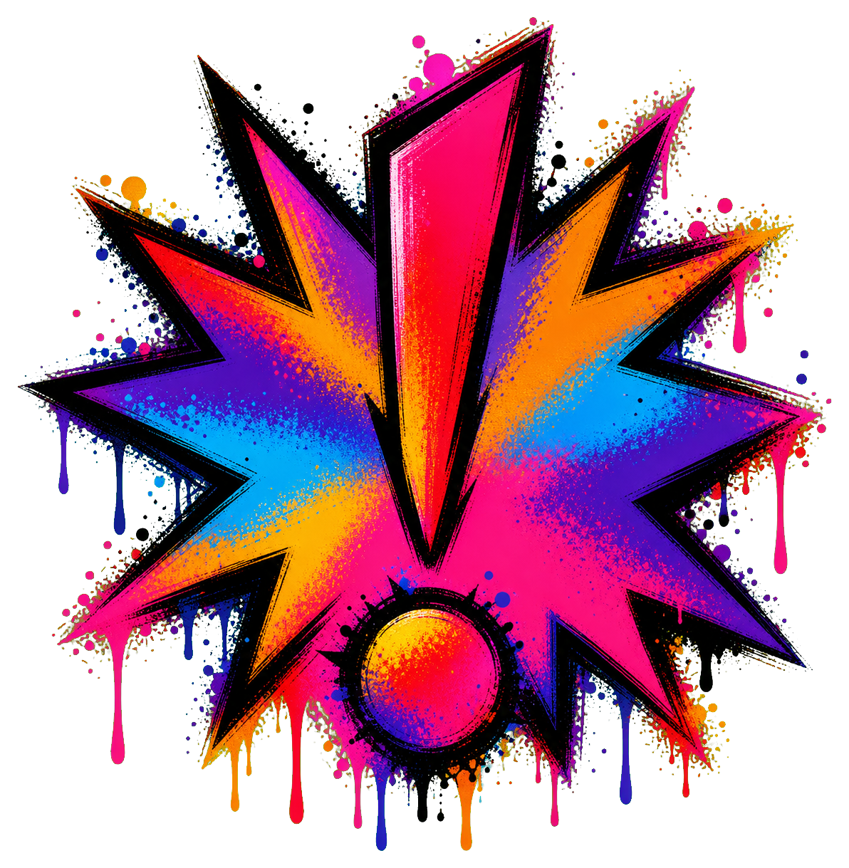 Colorful graffiti-style burst with an exclamation mark and paint drips