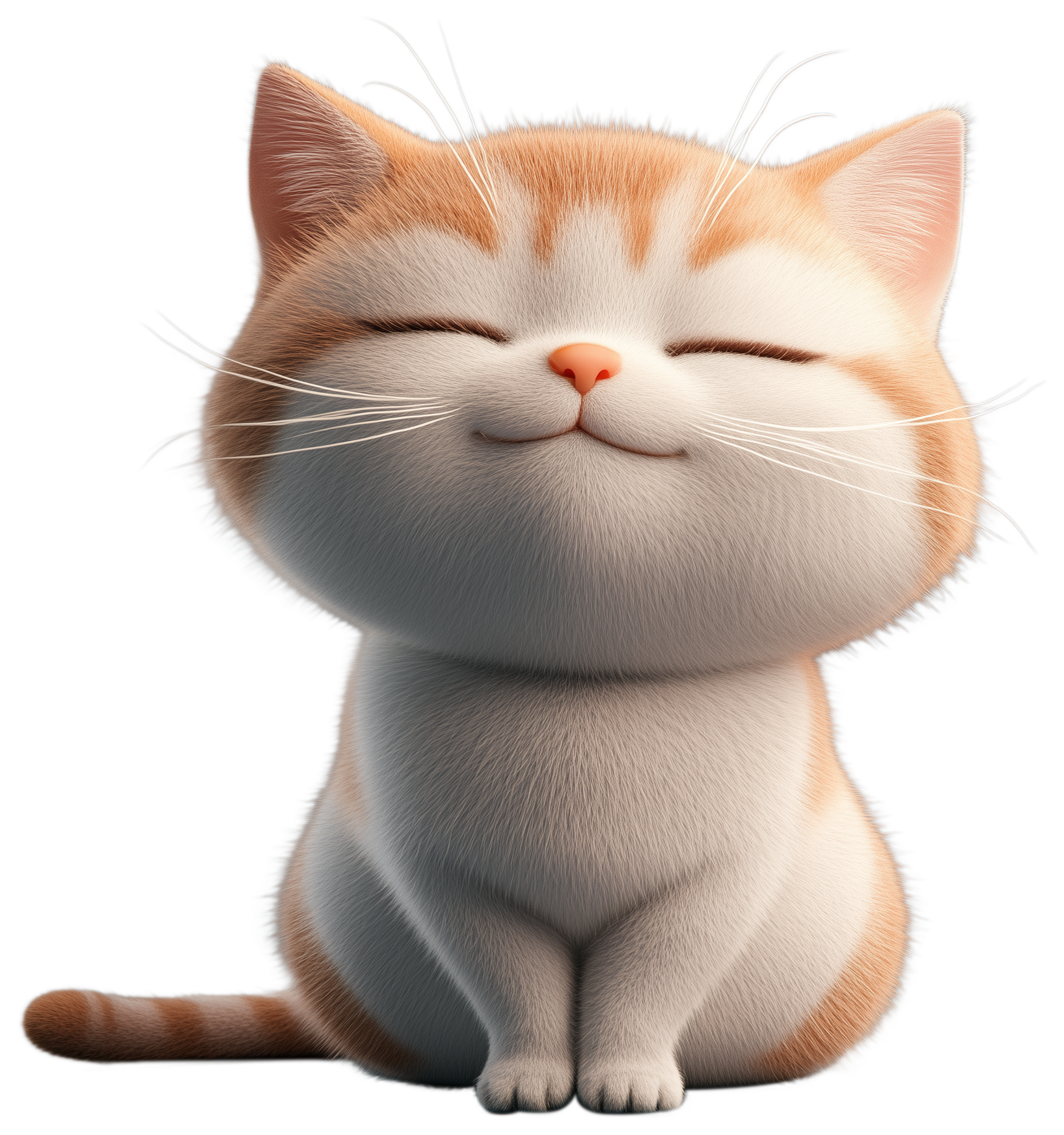 Smiling 3D cat with closed eyes and a small orange tail, sitting front facing.