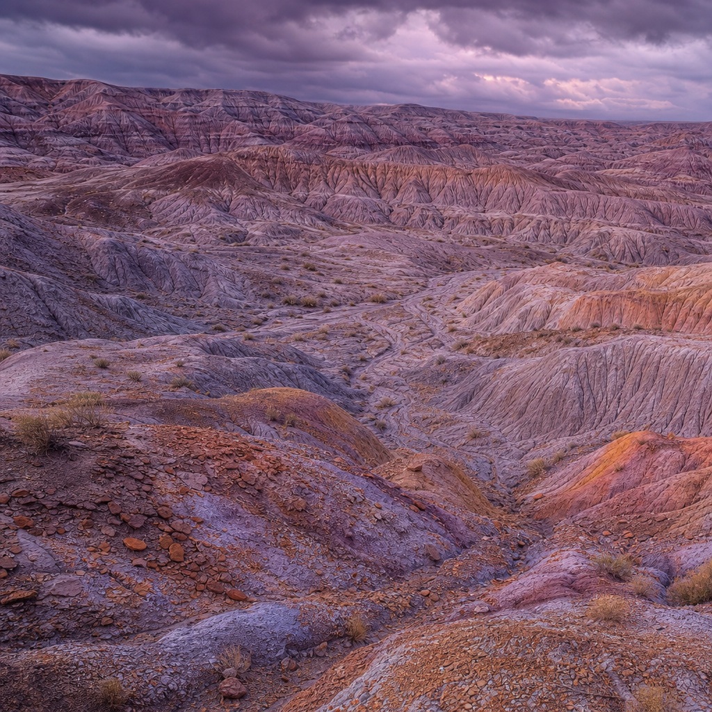 Violet-tinted badlands ridges and eroded gullies beneath a cloudy sky.