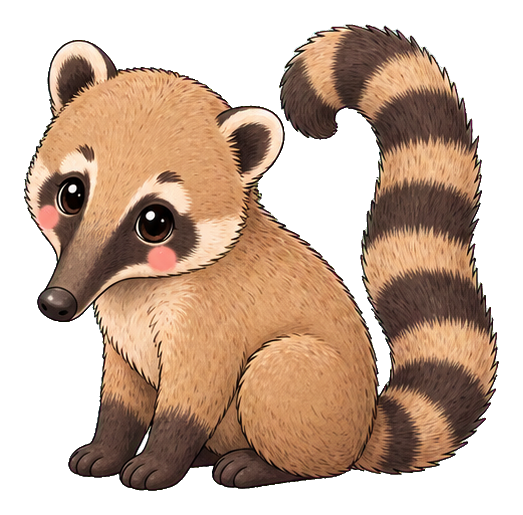 Cute pastel coati with striped tail sitting and looking forward