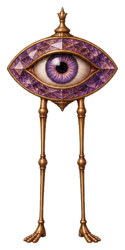 A purple crystal eye with long gold legs and feet standing upright