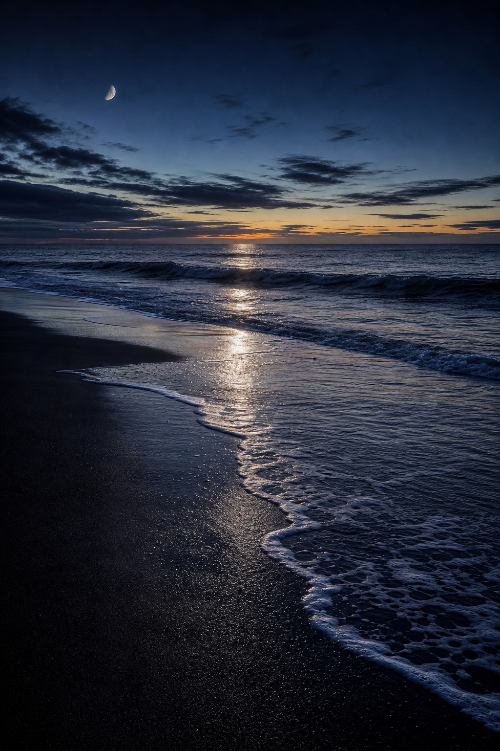 Dark ocean waves wash over black sand beneath a faint moon in the pre-dawn sky.