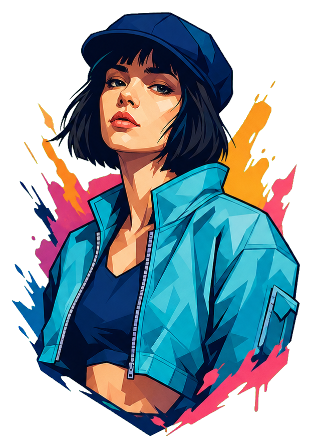 Colorful hip hop dancer portrait wearing an indigo flat cap and jacket