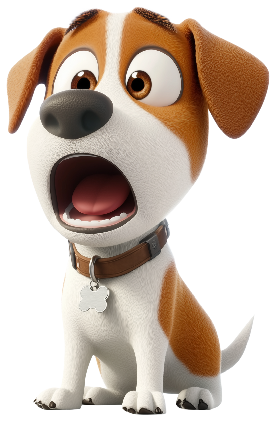 Surprised cartoon dog emoji sticker with brown and white fur and a collar.
